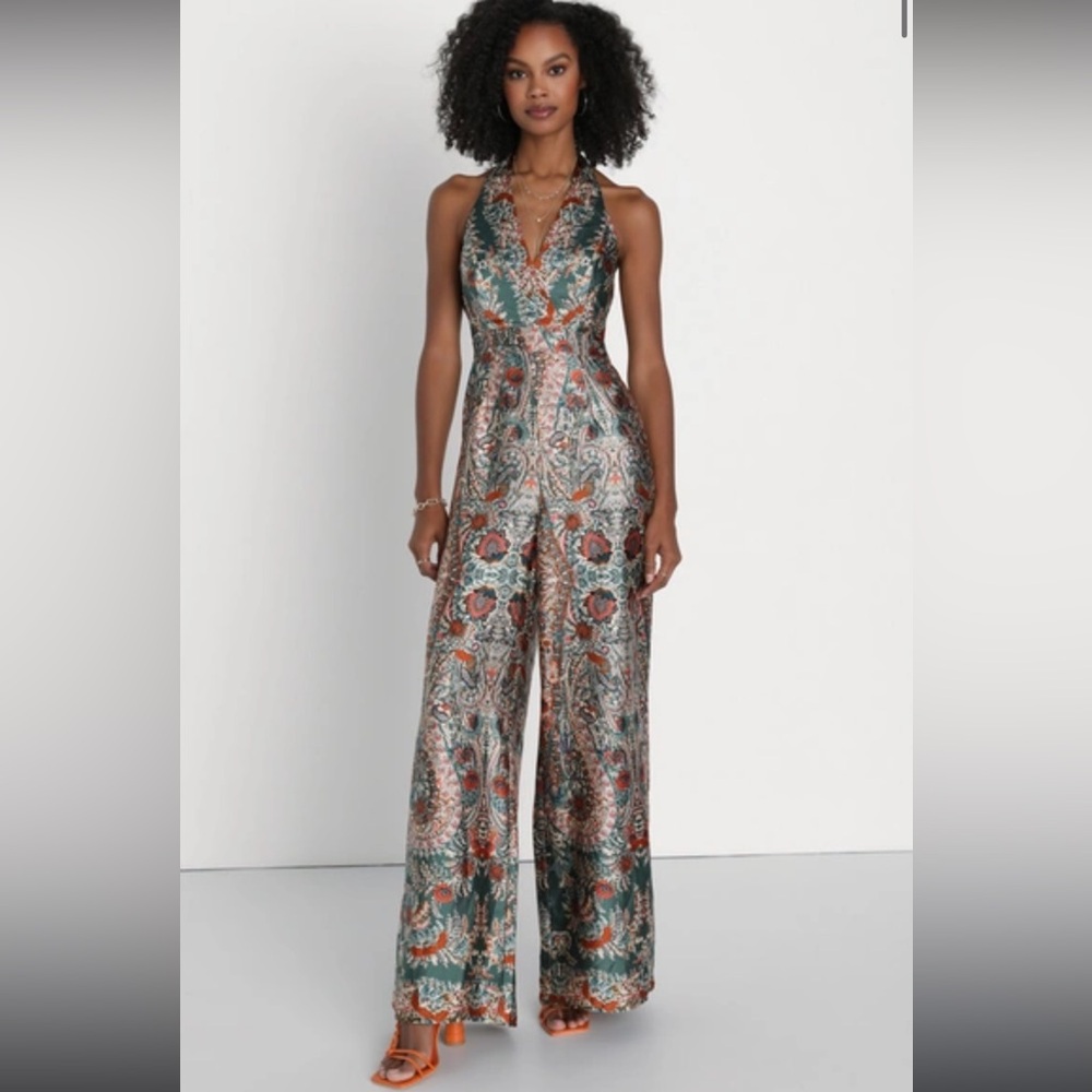 Divine Wanderings Teal Green Scarf Print Satin Wide-Leg Jumpsuit Bnwt MED